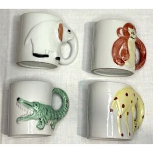 Vintage 1970s Enesco 3D Animal Mugs Elephant, Monkey, Alligator, Giraffe‎ Japan